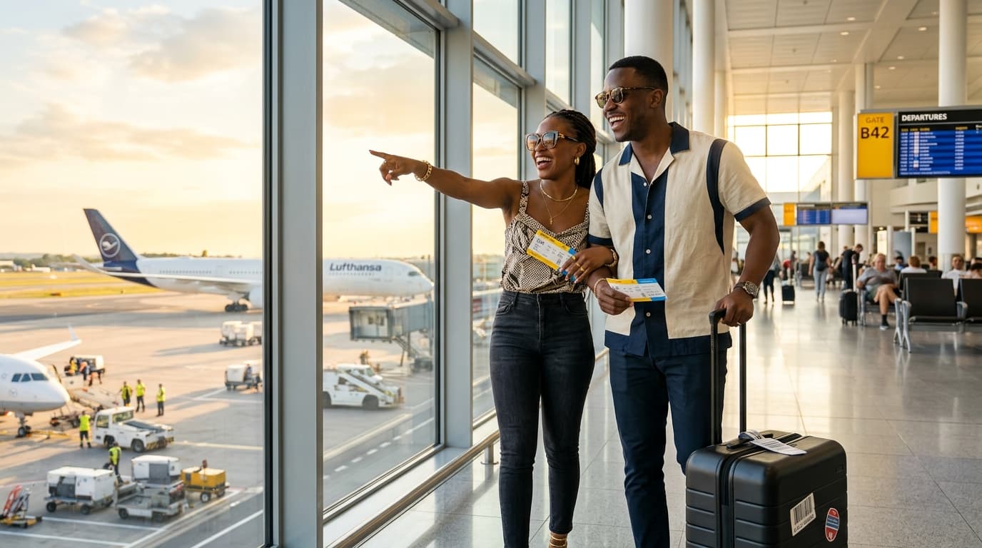 Two travelers at an airport window, pointing at their plane